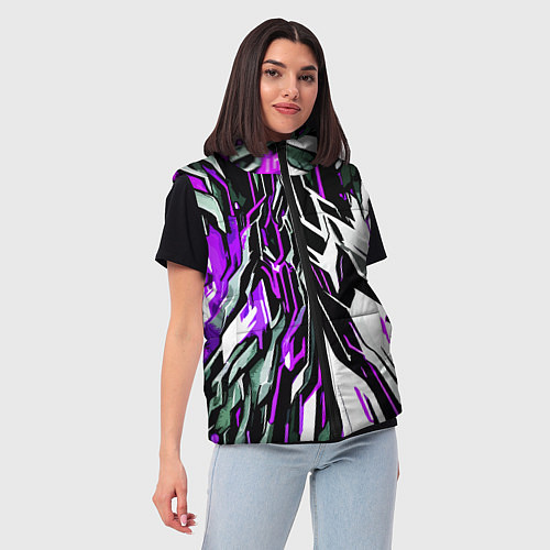 Женский жилет Фиолетовая и белая абстракция на чёрном фоне / 3D-Светло-серый – фото 3