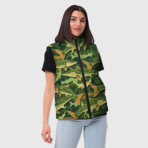 Женский жилет Камуфляж рыболова - рыба щука / 3D-Красный – фото 3