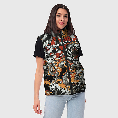 Женский жилет Самурай дракон и тигр / 3D-Черный – фото 3
