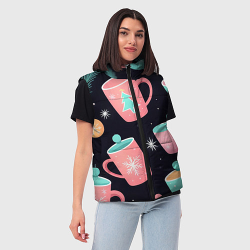 Женский жилет Паттерн новогодние кружки - нейросеть / 3D-Светло-серый – фото 3