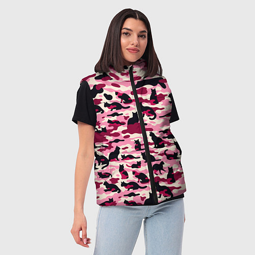 Женский жилет Камуфляжные розовые котики / 3D-Черный – фото 3
