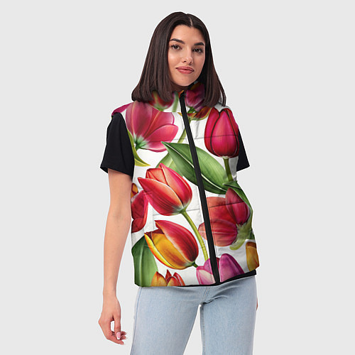 Женский жилет Паттерн с тюльпанами / 3D-Черный – фото 3