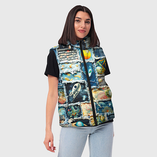 Женский жилет Космические обитатели - пэчворк / 3D-Красный – фото 3