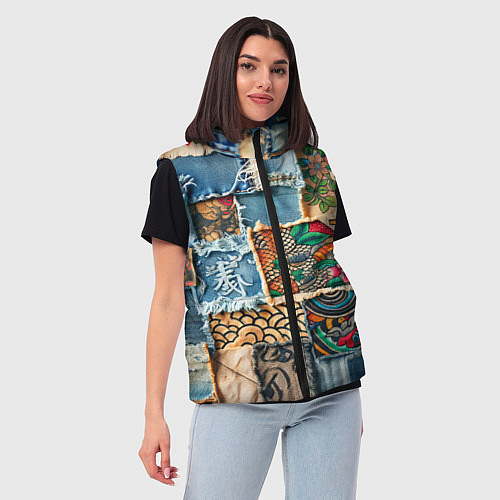 Женский жилет Японские мотивы на дениме / 3D-Черный – фото 3