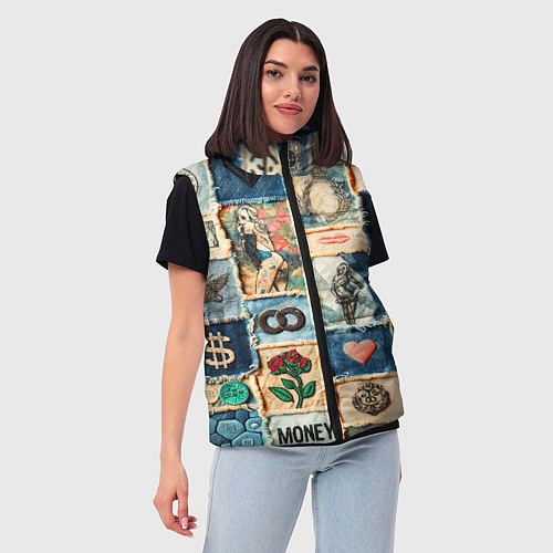 Женский жилет Баксы и девушки на дениме - пэчворк / 3D-Черный – фото 3