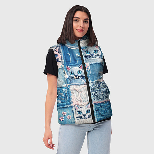 Женский жилет Кошки на пэчворк джинсах паттерн / 3D-Черный – фото 3