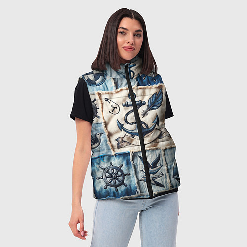 Женский жилет Пэчворк с якорем - джинсовка моряка / 3D-Черный – фото 3