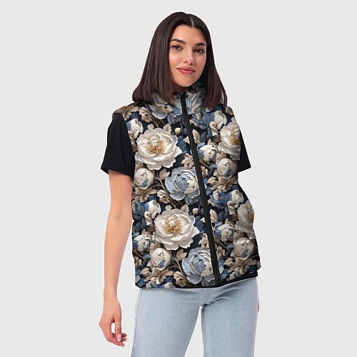 Женский жилет Нежные голубые и белые пионы / 3D-Черный – фото 3