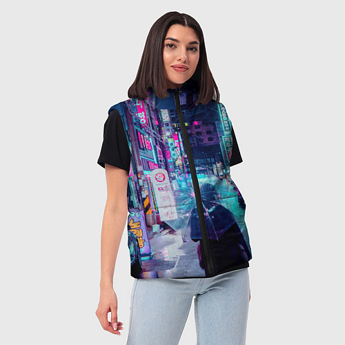 Женский жилет Дождливый неоновый вечер в Японии / 3D-Черный – фото 3