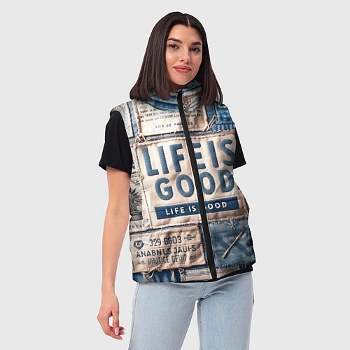 Женский жилет Жизнь прекрасна- пэчворк / 3D-Черный – фото 3