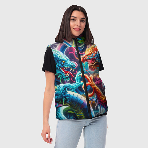 Женский жилет Противостояние двух драконов - ирезуми / 3D-Светло-серый – фото 3