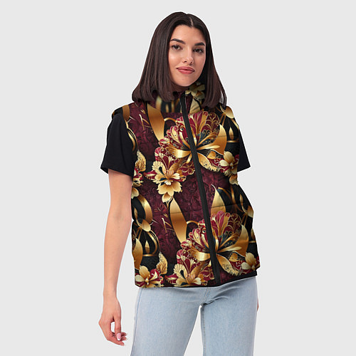 Женский жилет Золотые лилии на красном бархатном фоне / 3D-Черный – фото 3