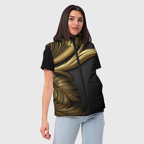 Женский жилет Золотые объемные листья на черном / 3D-Черный – фото 3