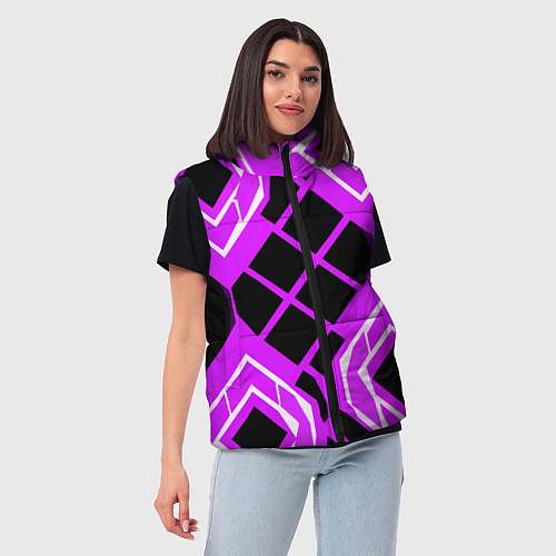 Женский жилет Чёрные квадраты и белые полосы на фиолетовом фоне / 3D-Черный – фото 3