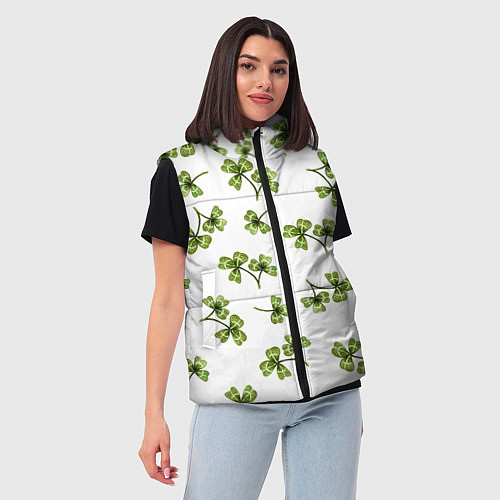Женский жилет Листочки клевера на белом фоне - паттерн / 3D-Светло-серый – фото 3