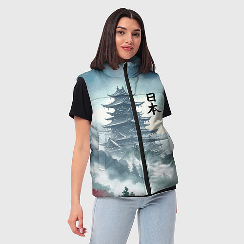 Женский жилет Японская пагода в тумане - нейросеть / 3D-Черный – фото 3