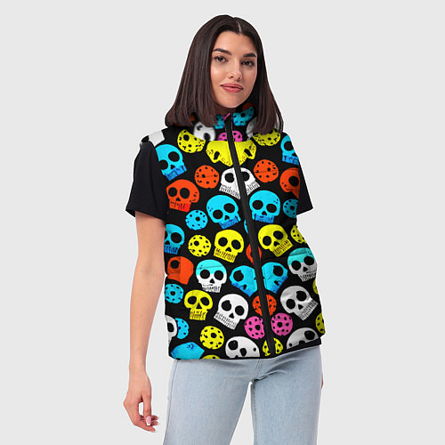 Женский жилет Прикольный цветной паттерн из черепков - нейроарт / 3D-Черный – фото 3