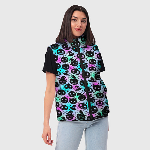 Женский жилет Halloween - тыквы на неоновом фоне / 3D-Красный – фото 3