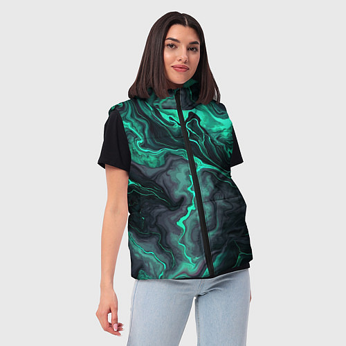 Женский жилет Бирюзовый мрамор на черном фоне / 3D-Черный – фото 3