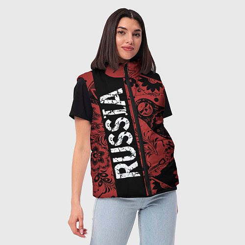 Женский жилет Россия на фоне матрёшек балалайки и славянских узо / 3D-Черный – фото 3