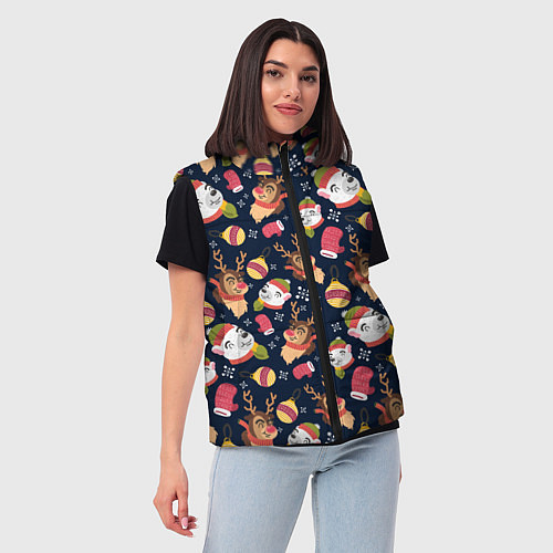 Женский жилет Новогодний детский паттерн с животными / 3D-Черный – фото 3
