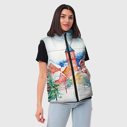 Женский жилет Новогодний сказочный город / 3D-Красный – фото 3