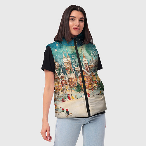 Женский жилет Новогодний снежный город / 3D-Черный – фото 3