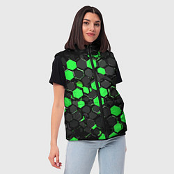 Женский жилет Зелёно-серые шестиугольники на чёрном фоне, цвет: 3D-светло-серый — фото 2