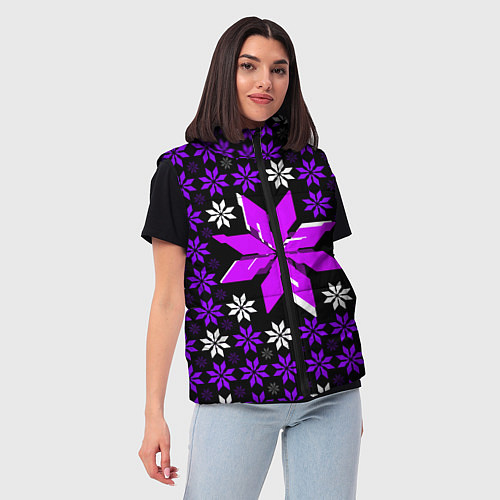 Женский жилет Фиолетово-белые звёзды на чёрном фоне / 3D-Красный – фото 3