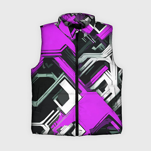 Женский жилет Бело-фиолетовый техно паттерн на чёрном фоне / 3D-Светло-серый – фото 1