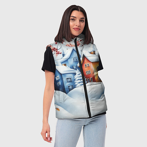 Женский жилет Зимний новогодний городской пейзаж / 3D-Красный – фото 3
