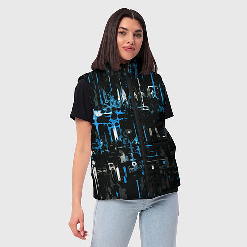 Женский жилет Бело-синяя тревожная абстракция на чёрном фоне / 3D-Черный – фото 3