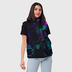 Женский жилет Розово-голубые точки и линии на чёрном фоне, цвет: 3D-красный — фото 2