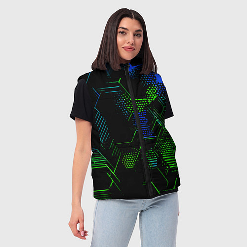 Женский жилет Сине-зелёные точки и линии на чёрном фоне / 3D-Черный – фото 3