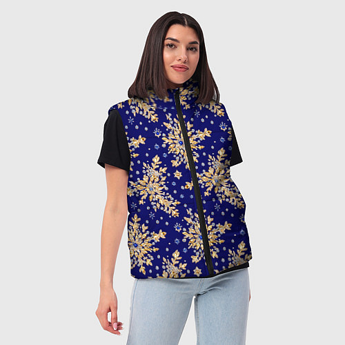 Женский жилет Золотые снежинки на синем шелке / 3D-Красный – фото 3