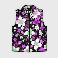 Женский жилет Фиолетово-белые цветы на чёрном фоне, цвет: 3D-светло-серый
