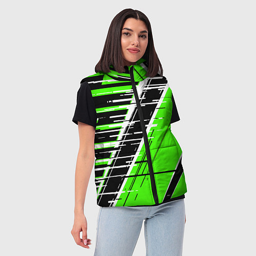 Женский жилет Чёрно-белые глитч полосы на зелёном фоне / 3D-Красный – фото 3
