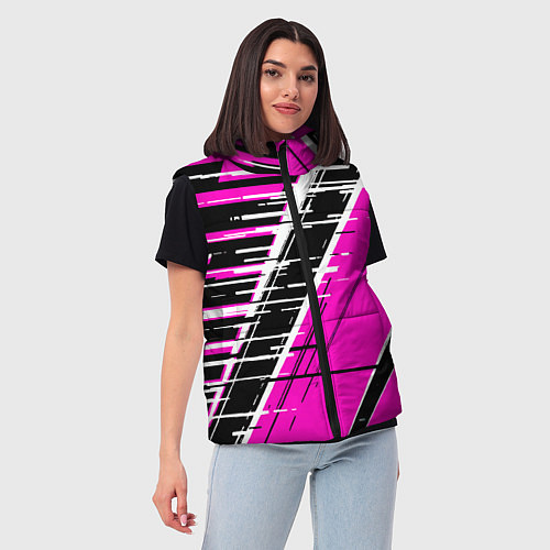 Женский жилет Чёрно-белые глитч полосы на розовом фоне / 3D-Черный – фото 3