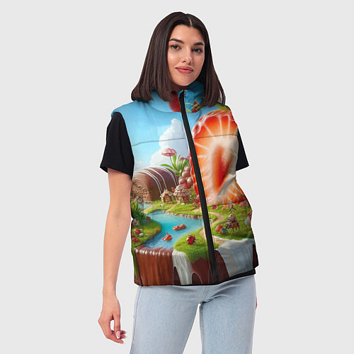 Женский жилет Клубничная планета - нейроарт фантазия / 3D-Черный – фото 3