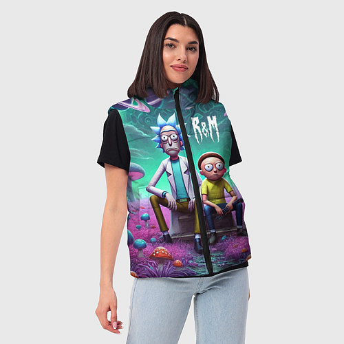 Женский жилет Рик и Морту на сказочной грибной планете - нейроар / 3D-Черный – фото 3