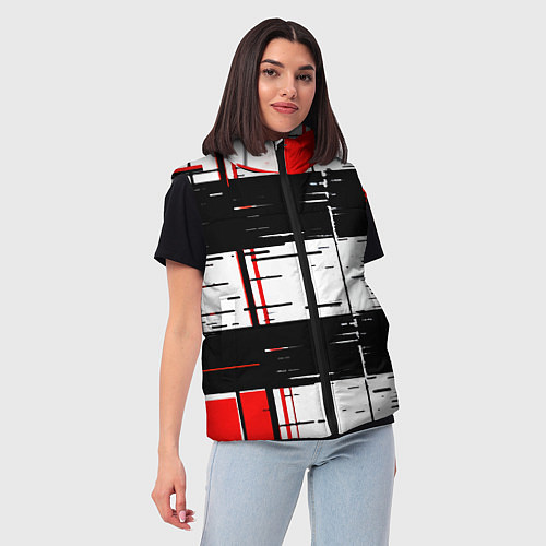 Женский жилет Чёрные и красные полосы на белом фоне / 3D-Черный – фото 3