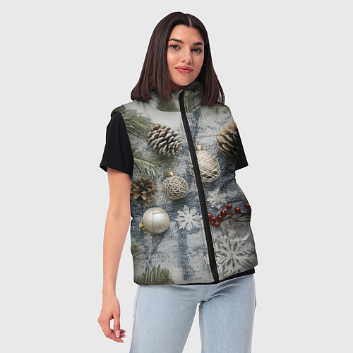 Женский жилет Новогодние игрушки и шишки / 3D-Красный – фото 3