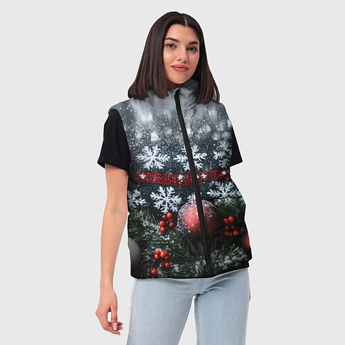 Женский жилет Новогодние снежинки / 3D-Черный – фото 3