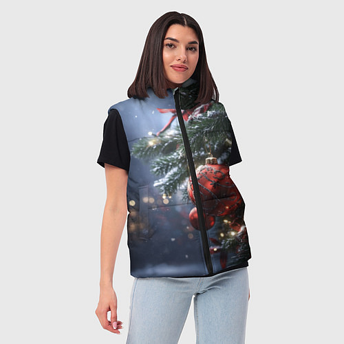 Женский жилет Красные новогодние шары с узорами / 3D-Черный – фото 3