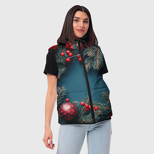 Женский жилет Новогодний фон и рябина / 3D-Красный – фото 3