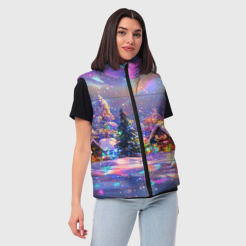 Женский жилет Дух рождества - зимние домики / 3D-Черный – фото 3