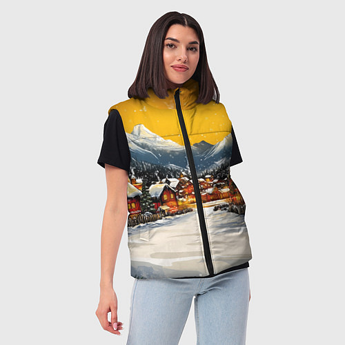 Женский жилет Ламповый новый год - домики / 3D-Черный – фото 3