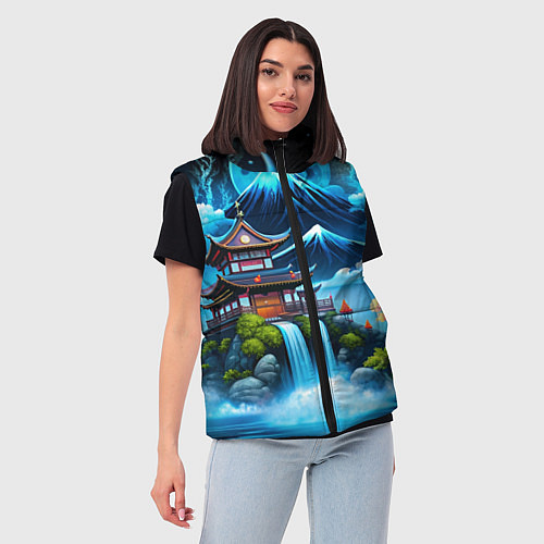 Женский жилет Водопад и горы Японии / 3D-Черный – фото 3