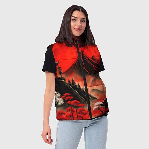 Женский жилет Япония природа в красном цвете / 3D-Черный – фото 3