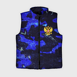 Женский жилет Синий потертый камуфляж и герб РФ, цвет: 3D-черный